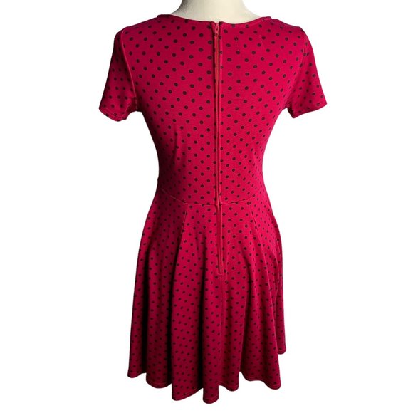 Unique Vintage Retro Swing Dress M Fuchsia Polka Dot Pleated Zip Stretch Knit - Picture 4 of 6